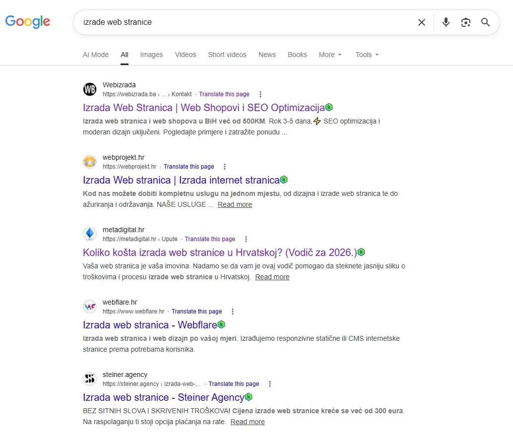 Google pretraga gdje je web stranica na prvoj poziciji